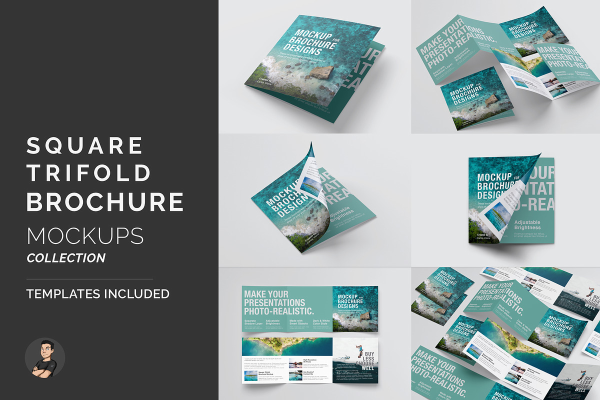 Square Trifold Brochure Mockups, a Print Template by Mockups by Carlos Viloria (Photo 1 of 23)