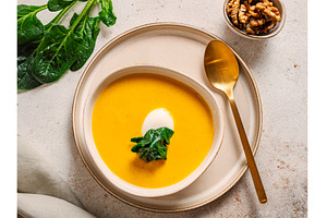 Pumpkin cream-soup, top view, copy, a Food & Drink Photo by Fascinadora