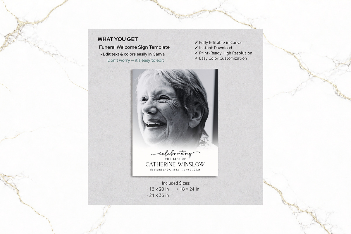 Funeral Welcome Sign B&W Canva FR006, a Poster Template by TyphoonStudio (Photo 2 of 9)
