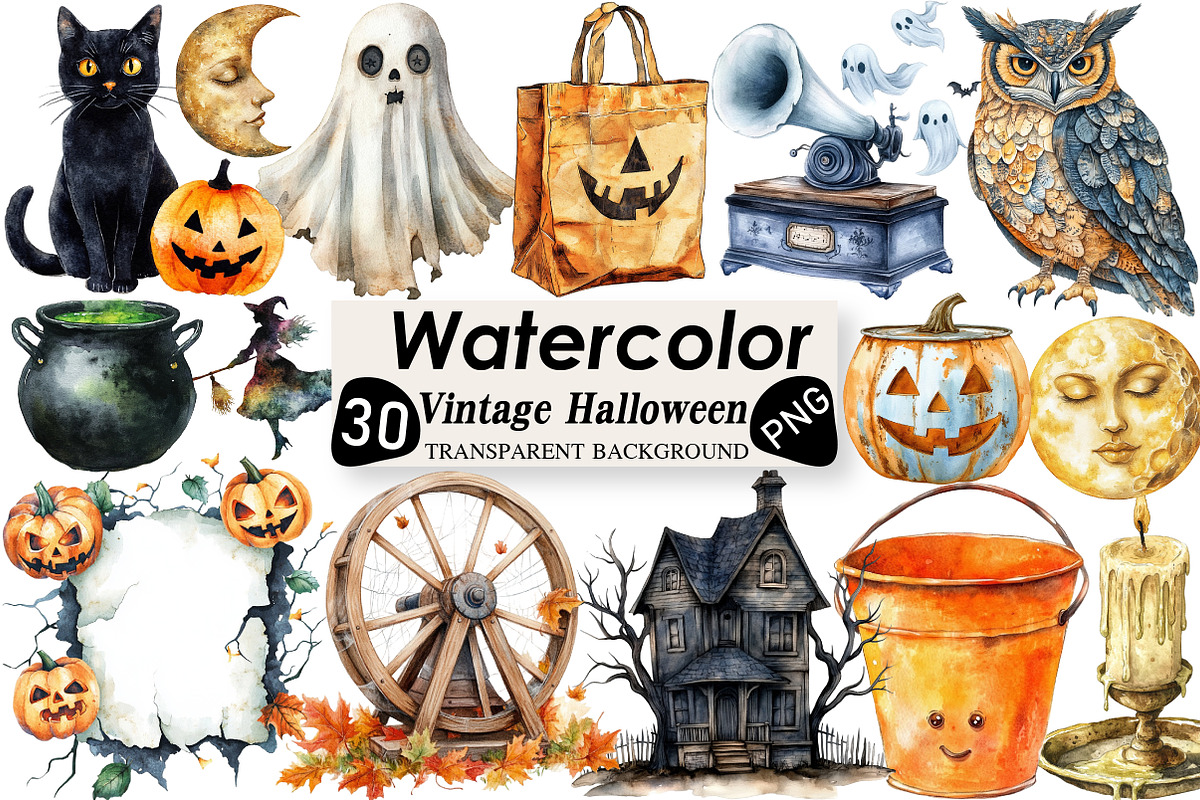 Vintage Halloween Clipart, an Illustration by Black Bird Studio (Photo 1 of 6)