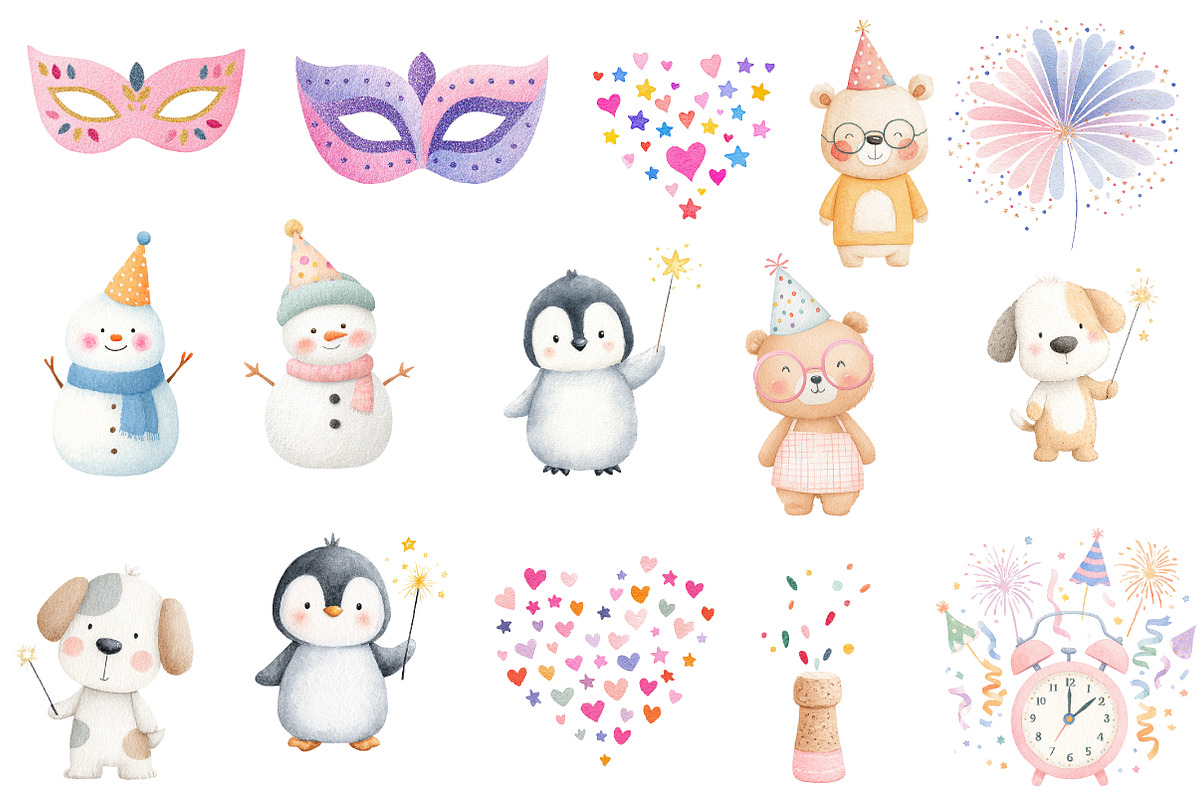 Watercolor cute new year clipart, an Illustration by Designworld (Photo 4 of 5)