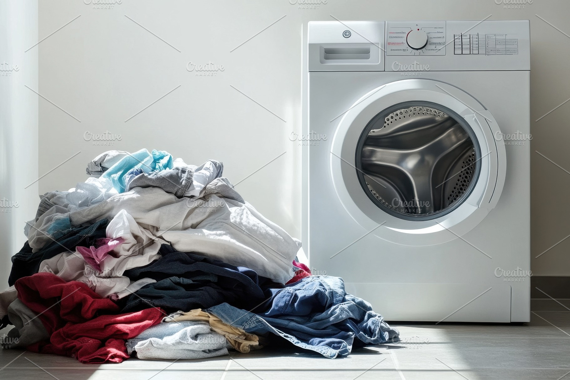 Laundry pile waits next to a white w, a Photo by Iftikhar Alam