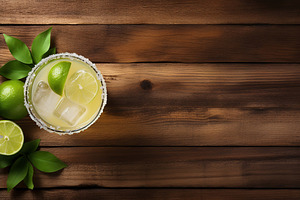 Flat lay of margarita cocktail on wooden background, a Food & Drink Photo by AlyaAnd