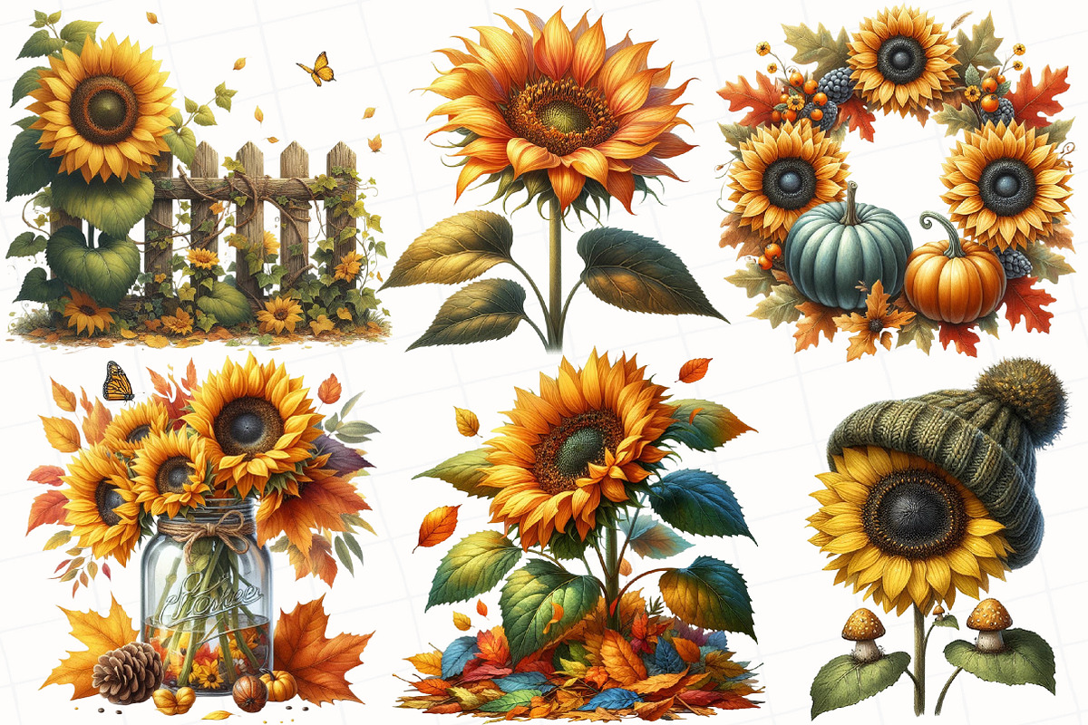Vintage Sunflowers Autumn Clipart, an Illustration by OK Design (Photo 3 of 5)