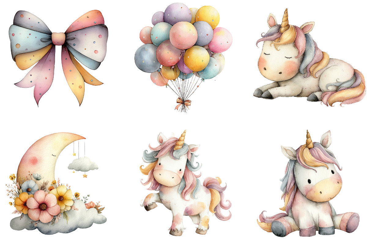 Watercolor Cute Unicorn Clipart, an Illustration by Sublimation Artist (Photo 7 of 7)
