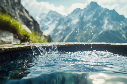 Beautiful landscape with water stream on mountains background, a Background Photo by AlyaAnd