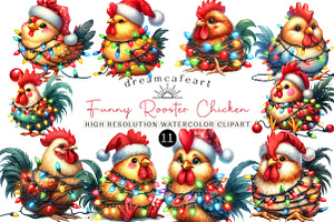 Watercolor Funny Rooster Chicken, an Illustration by DreamCafeArt