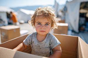 Child plays in a cardboard box in a makeshift shelter during daytime, a Person Photo by AlyaAnd