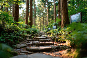 Walking path through a serene Japanese forest with sunlight filtering through t, a Photo by AlyaAnd