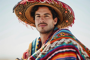 Beautiful young mexican man wearing sombrero and poncho on white background, a Photo by AlyaAnd