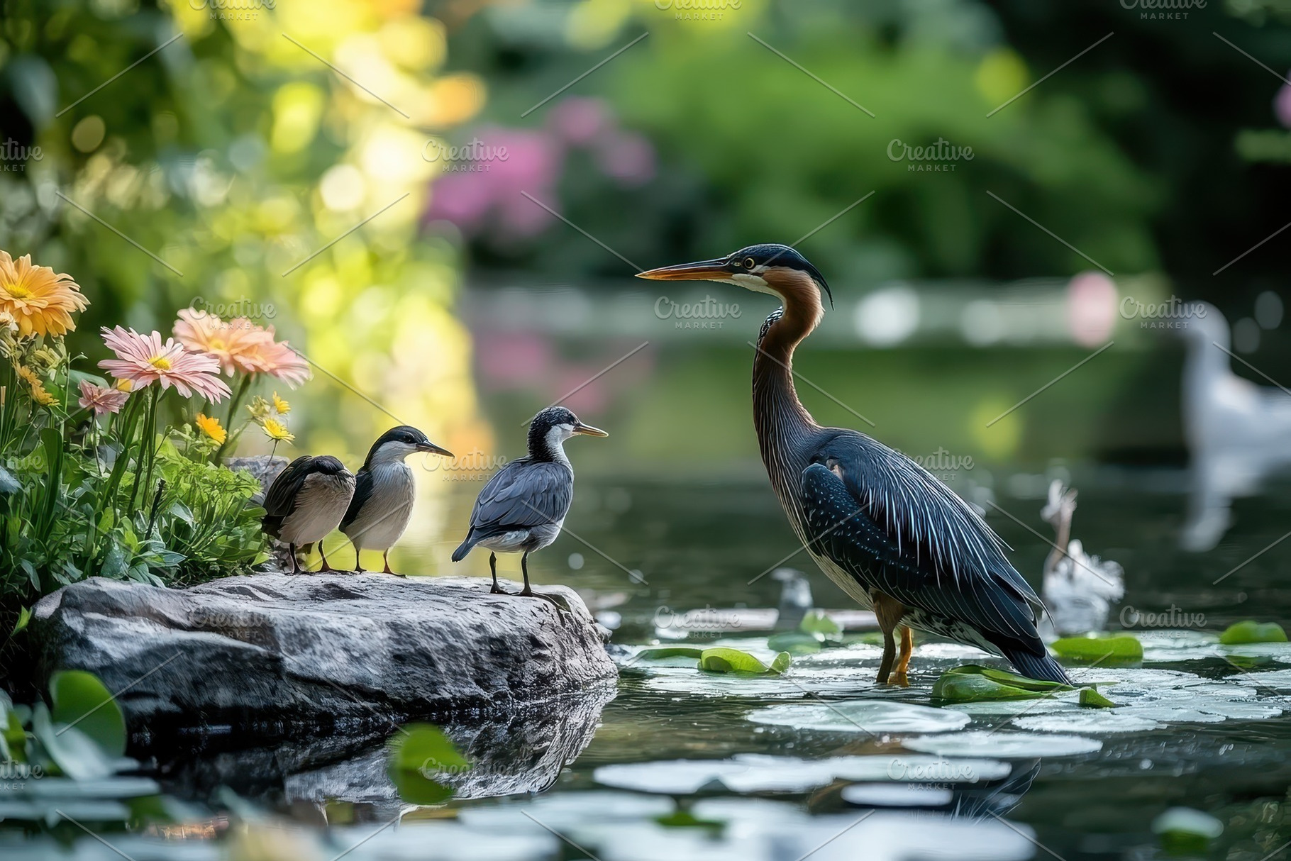 Purple Heron and Three Small Birds b, a Beauty & Fashion Photo by Pixeness Studio