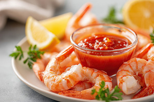 Shrimp cocktail with lemon and sauce, a Food & Drink Photo by AlyaAnd