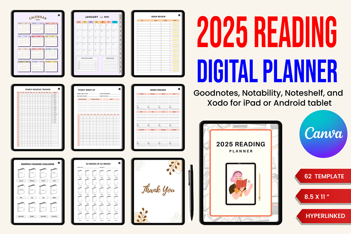 2025 Digital Reading Planner Canva, a Stationery Template by Designmela01 (Photo 1 of 8)