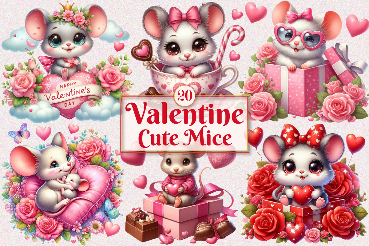 Valentine Cute Mice Clipart Bundle, a Seasonal Illustration by Craft Nest (Photo 1 of 5)