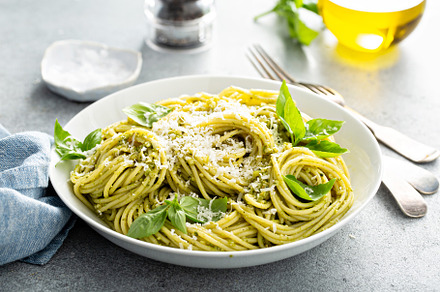 Basil pesto pasta with parmesan and olive oil