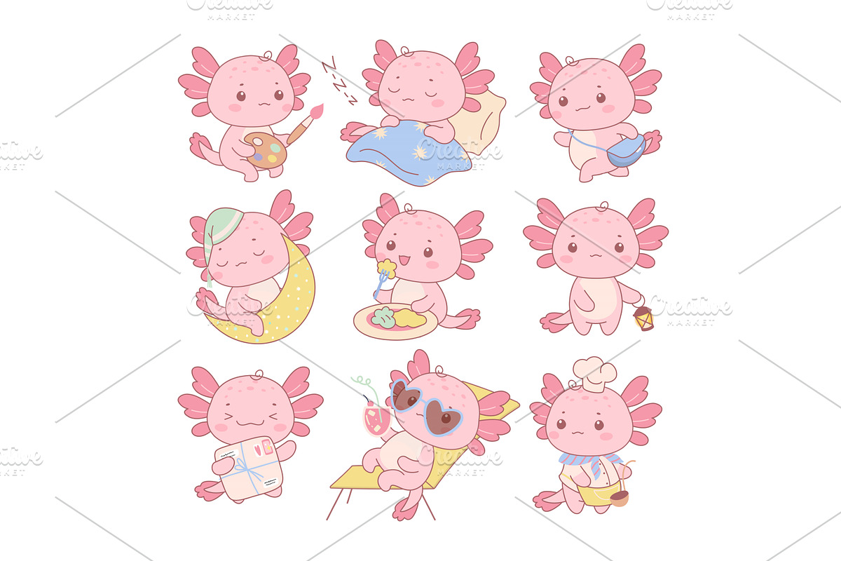 Axolotl characters. Baby axolotls, an Animal Illustration by Valerie Bodnar