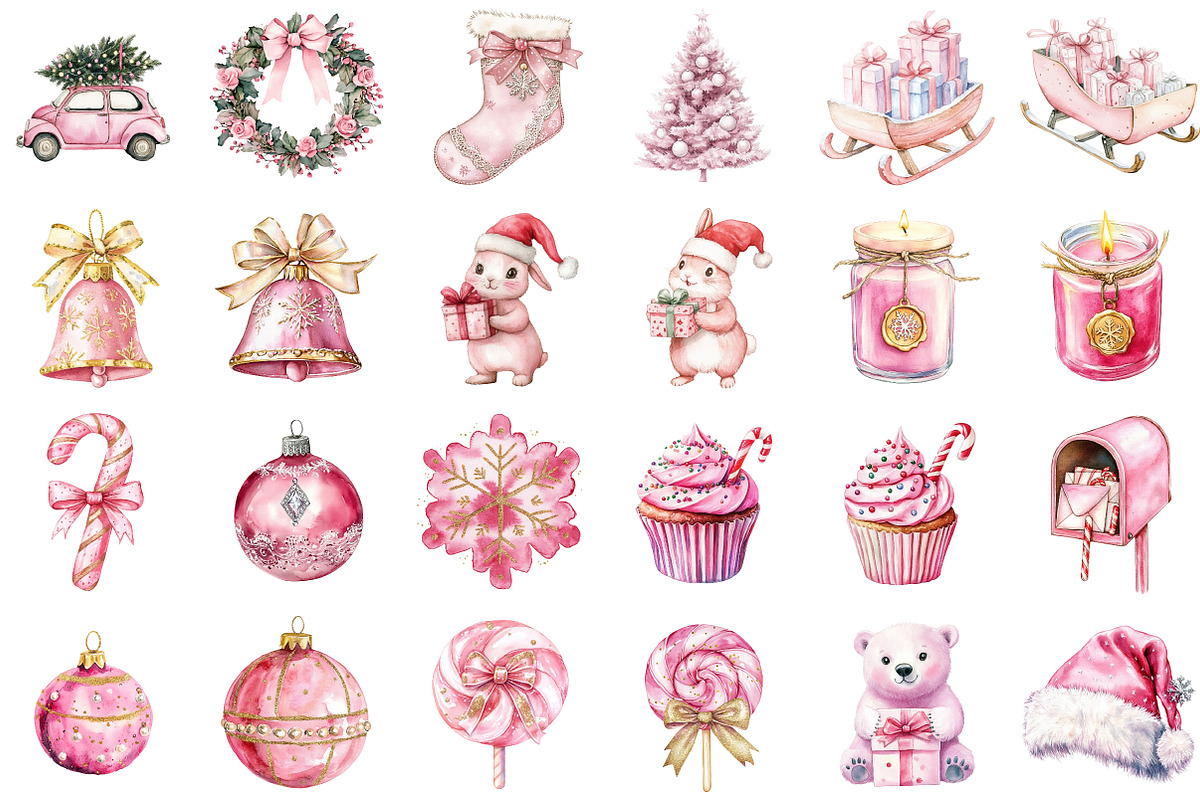 Pink Christmas Watercolor Clipart, an Illustration by Sublimation Artist (Photo 3 of 6)