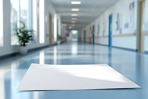 An empty white sheet of paper lies on the floor of a modern hospital corridor,, a Background Photo by ImageMir