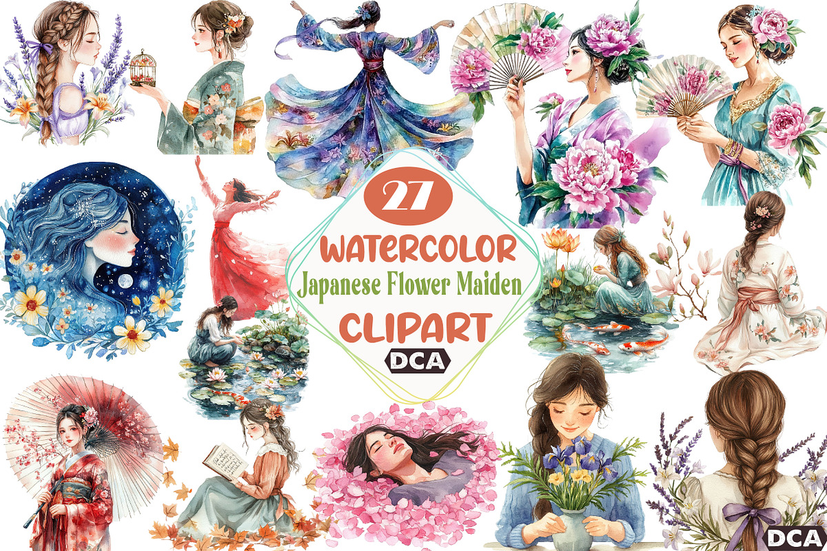 Watercolor Japanese Flower Maiden Cl, an Illustration by DreamCafeArt (Photo 1 of 7)