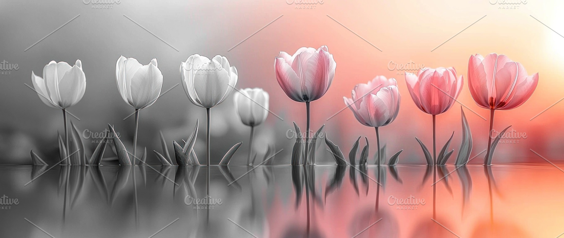 Row of white and pink tulips with soft reflections on water and, a Nature Photo by José Manuel Gelpi