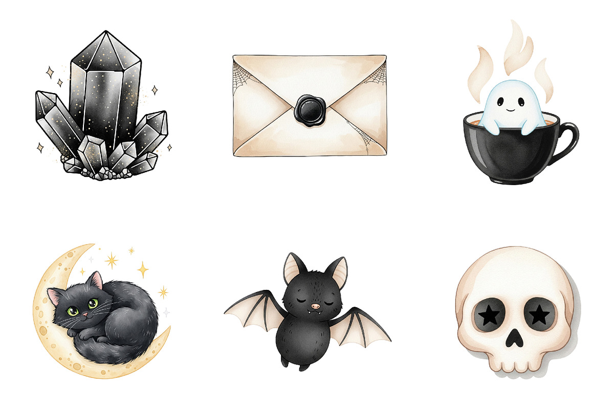 Beige & Black Halloween Clipart, an Illustration by Watercolor design (Photo 3 of 4)