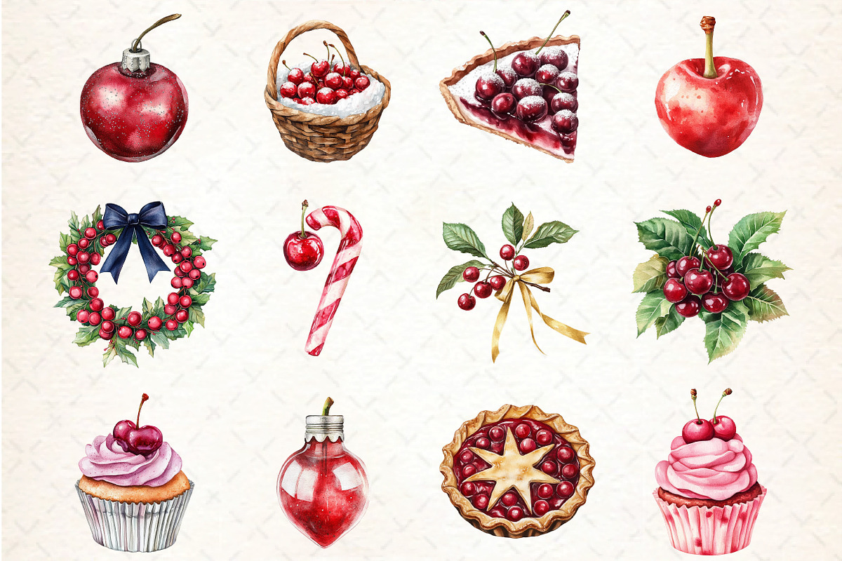 Midnight Cherry Christmas Clipart, an Illustration by DreamCafeArt (Photo 3 of 5)