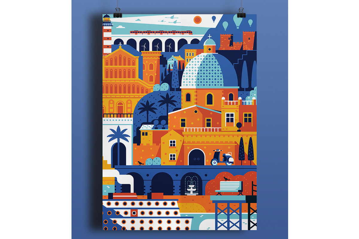 Mediterranean Sea Town Travel Poster, an Illustration by Alex Krugli (Photo 3 of 7)