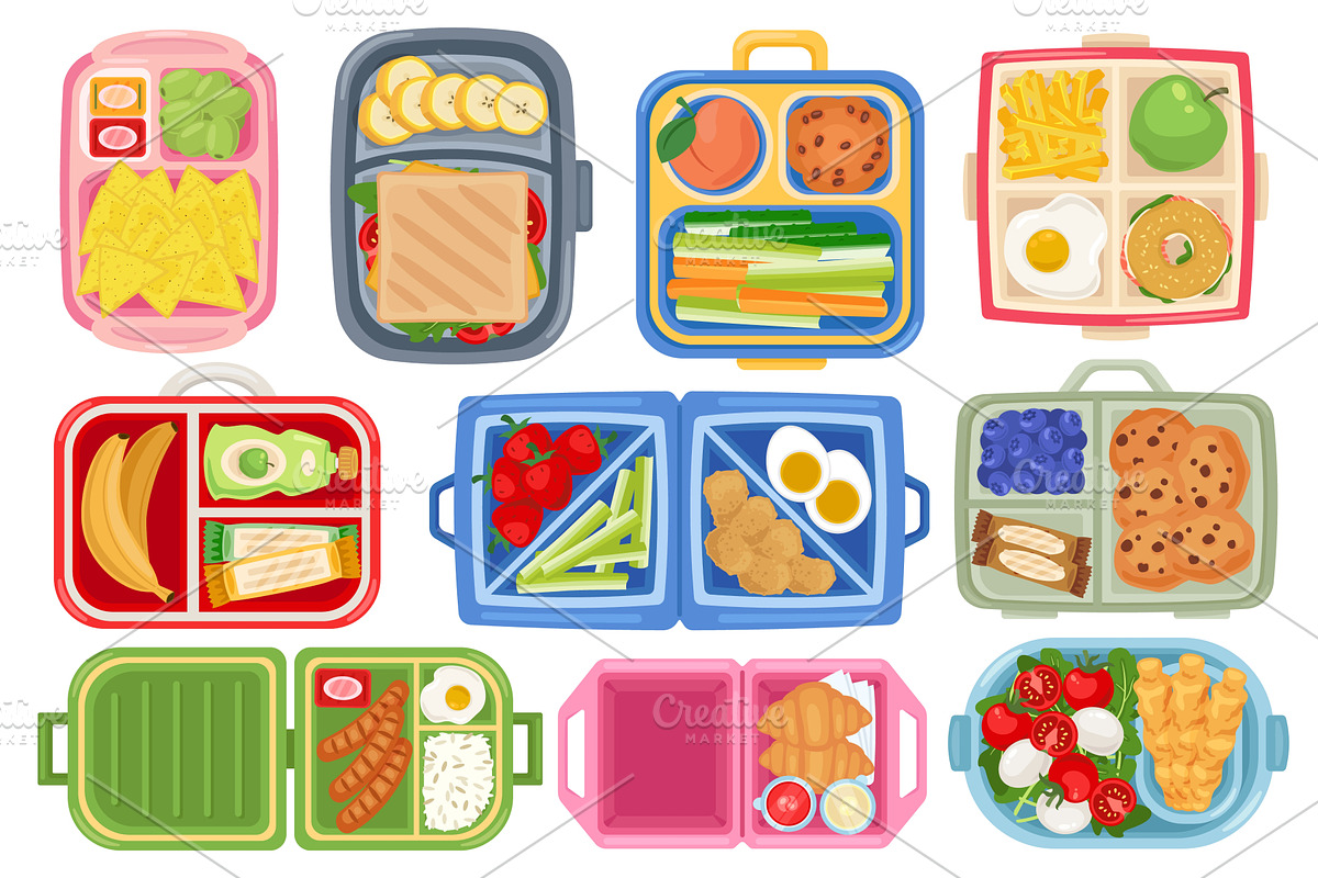 Lunch boxes top view. Kids school, a Food Illustration by YummyBuum