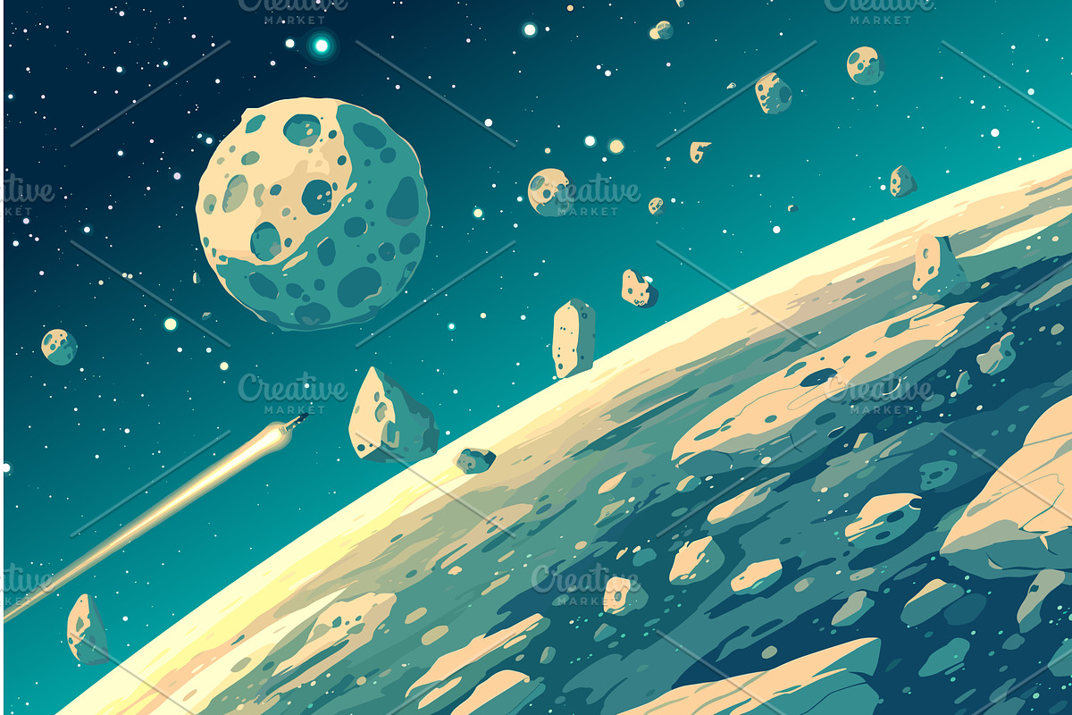 Cartoon spaceship flying near a, a Technology Illustration by LadadikArt
