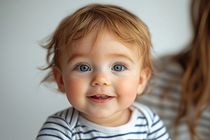 Smiling baby with blue eyes and blonde hair in striped shirt loo, a Person Photo by José Manuel Gelpi