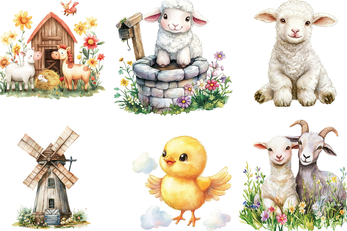 Watercolor Farm Animals Clipart Set, an Illustration by Designking (Photo 4 of 5)