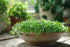 Microgreen broccoli in bowl on wooden background, a Food & Drink Photo by AlyaAnd