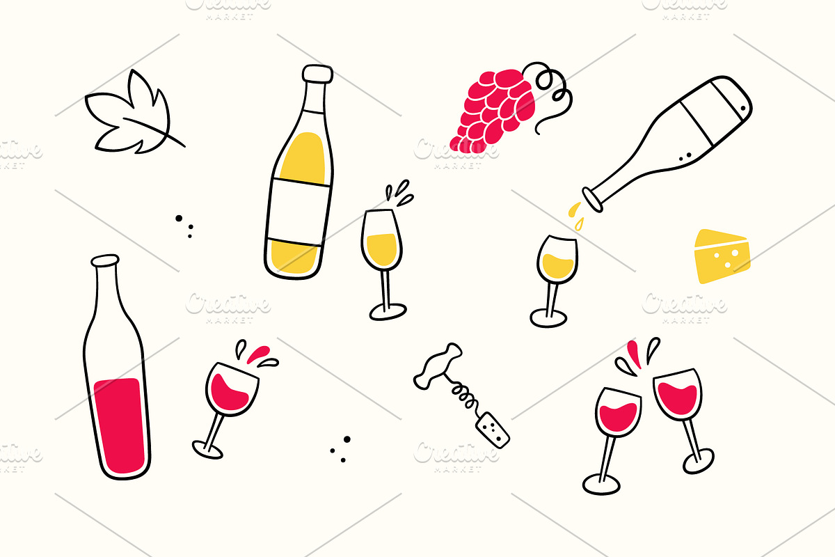 Hand Drawn Wine Bottles and Glasses, an Object Graphic by Elena Pimukova (Photo 1 of 10)