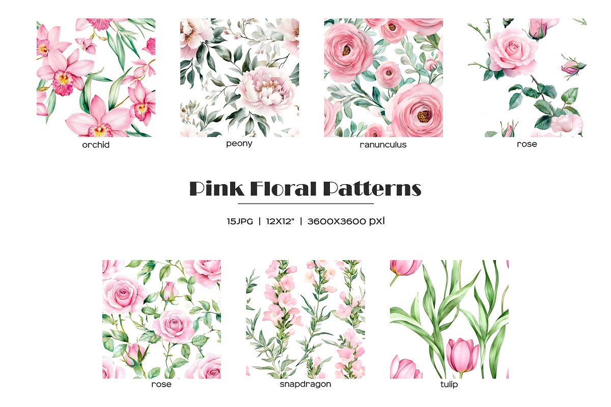 Watercolor pink flowers patterns set, a Pattern Graphic by Art and Funny (Photo 3 of 8)