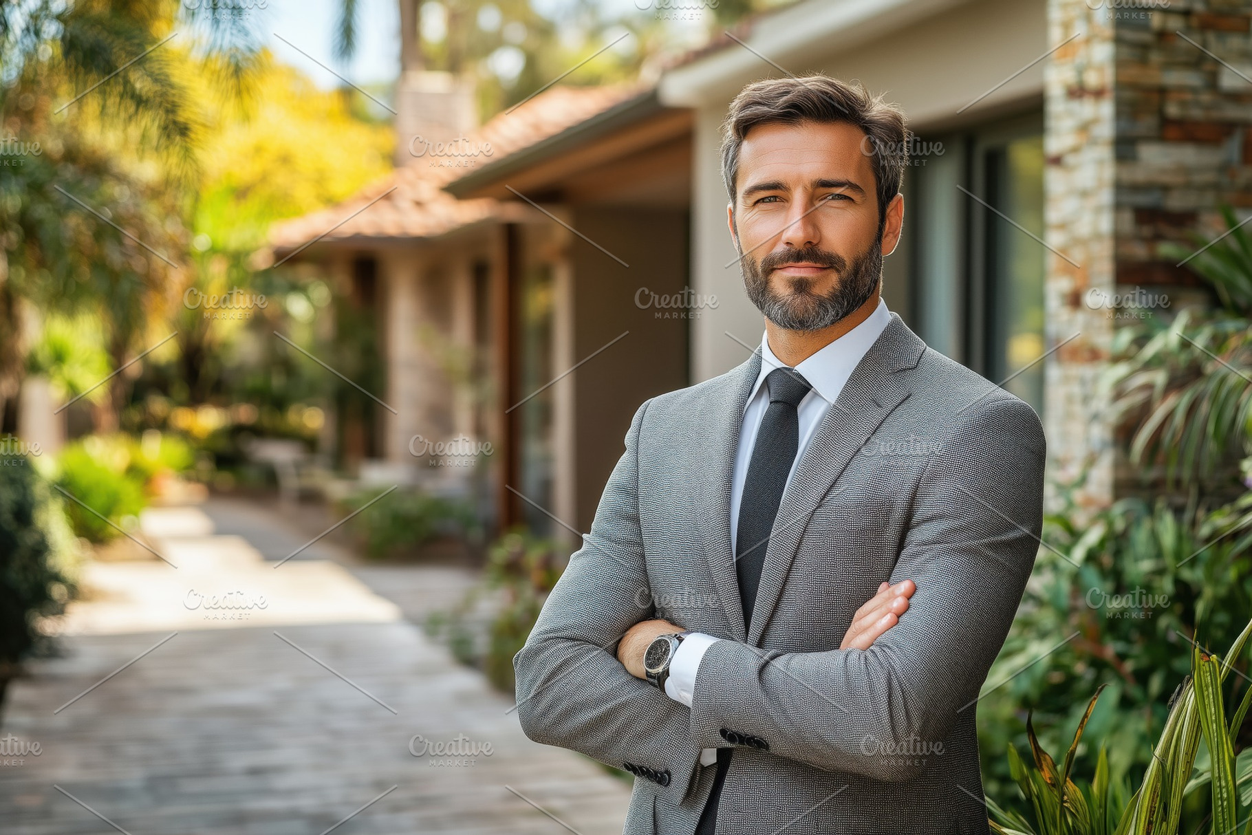 A confident realtor businessman standing outdoors in a well-maintained garden a, a Person Photo by Textures & Backgrounds