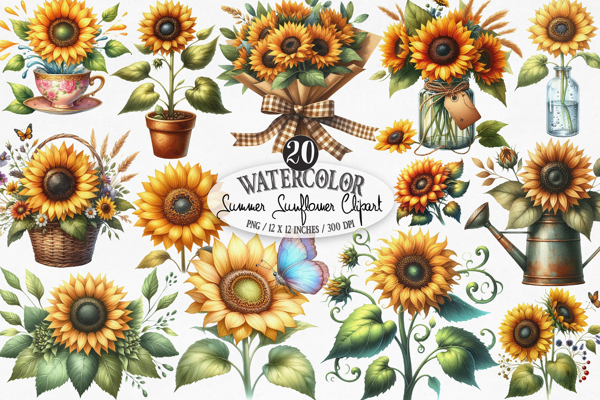 Watercolor Summer Sunflower Clipart, an Illustration by Designking (Photo 1 of 4)