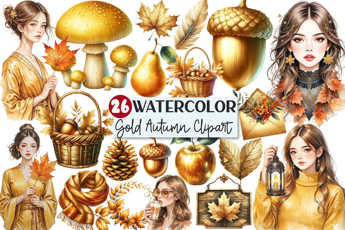 Watercolor Gold Autumn Clipart, an Illustration by Rose Art (Photo 1 of 4)