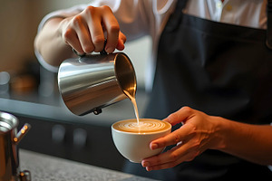 Barista Creating Latte Art In Modern, a Photo by LOGOCREATIVE