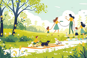 Family enjoying outdoor activities in a sunny park with their pets, an Illustration by AS photostudio