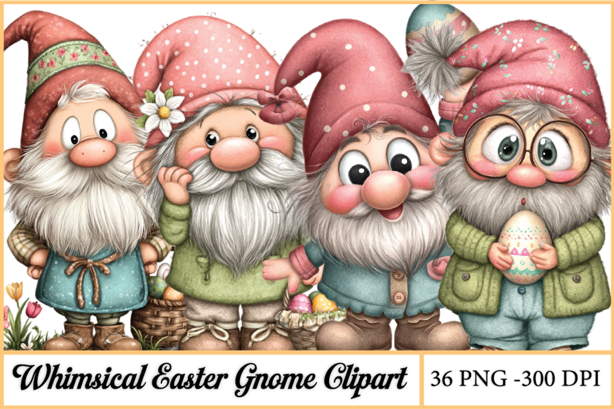 Whimsical Easter Gnome Clipart, a Seasonal Illustration by HueNestify (Photo 1 of 3)