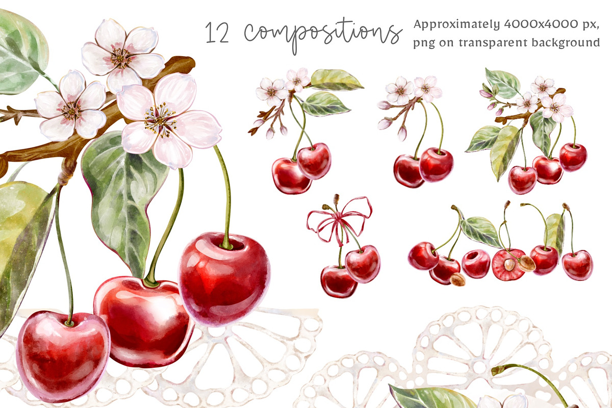 Cherry Romance Watercolor Collection, a Decorative Illustration by Shabbypie (Photo 3 of 5)