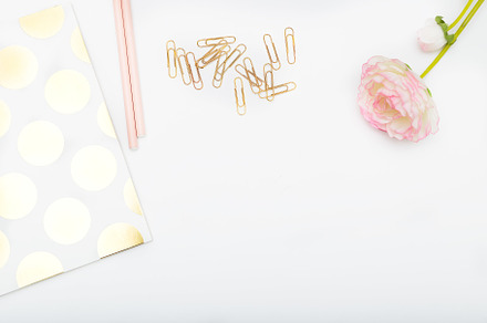 Workplace with pink and gold objects, a Business Photo by Nastassia