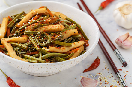 Sauteed bracken fern with squid, a Food & Drink Photo by La_Vanda