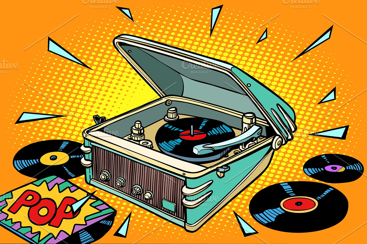 pop music, vinyl records and gramophone, an Object Illustration by rogistok