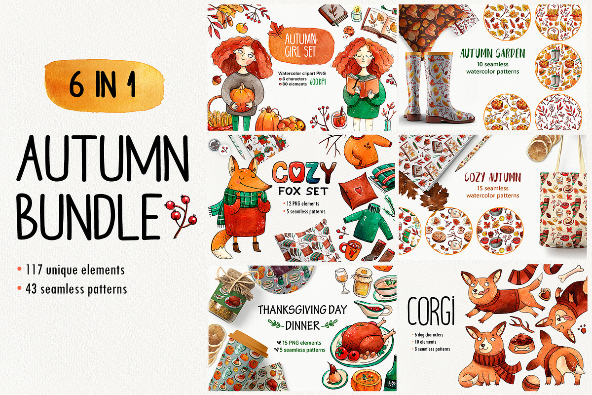 Autumn Watercolor bundle, an Animal Illustration by Ekaterina Goncharova (Photo 1 of 13)