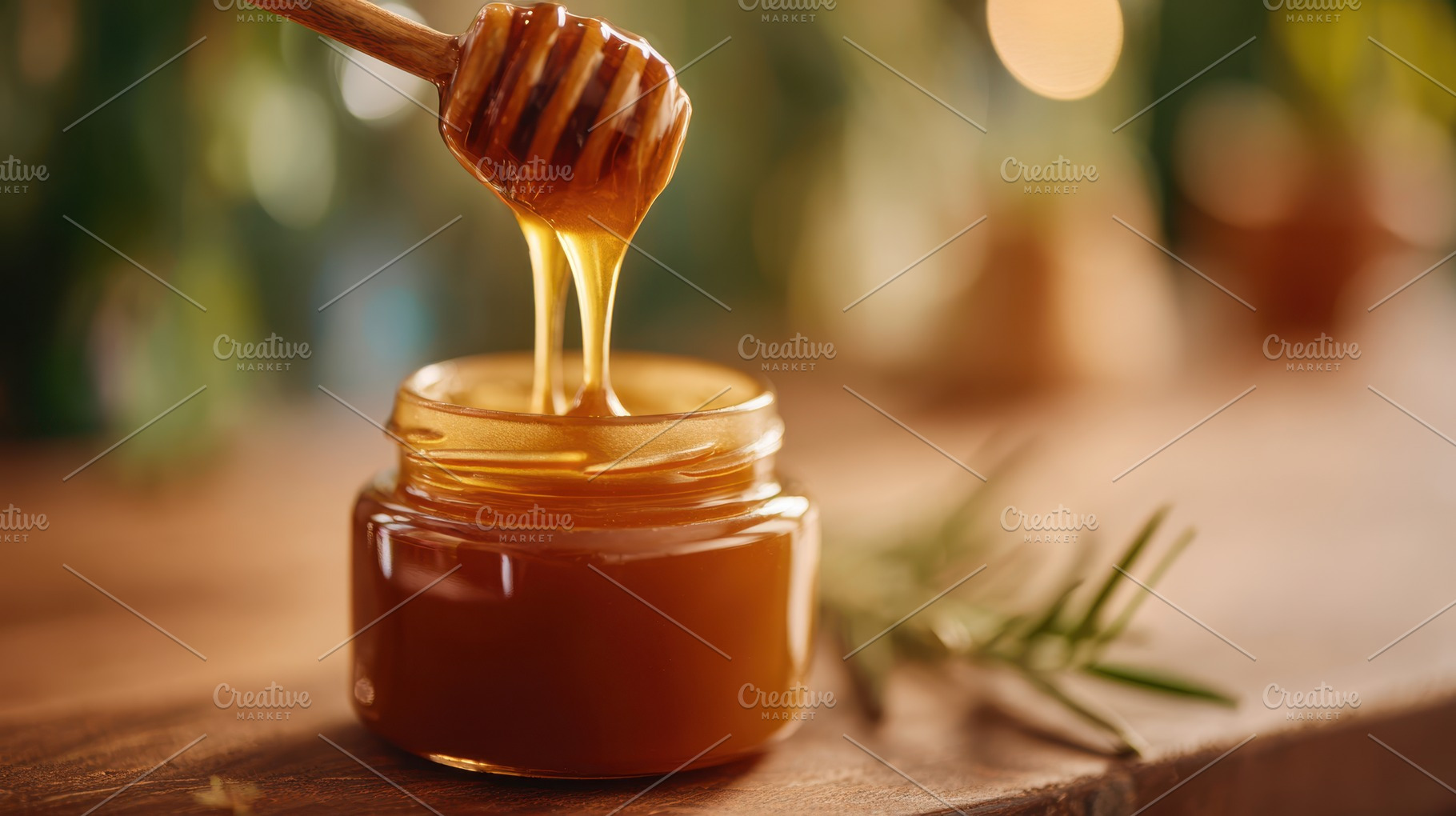 Golden honey drizzling into jar, a Food & Drink Photo by AlyaAnd