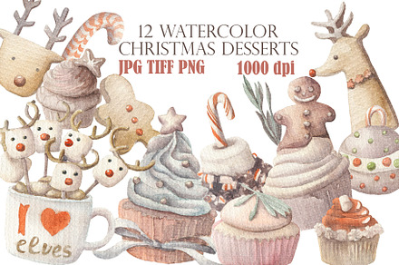 12 Watercolor Christmas desserts set
