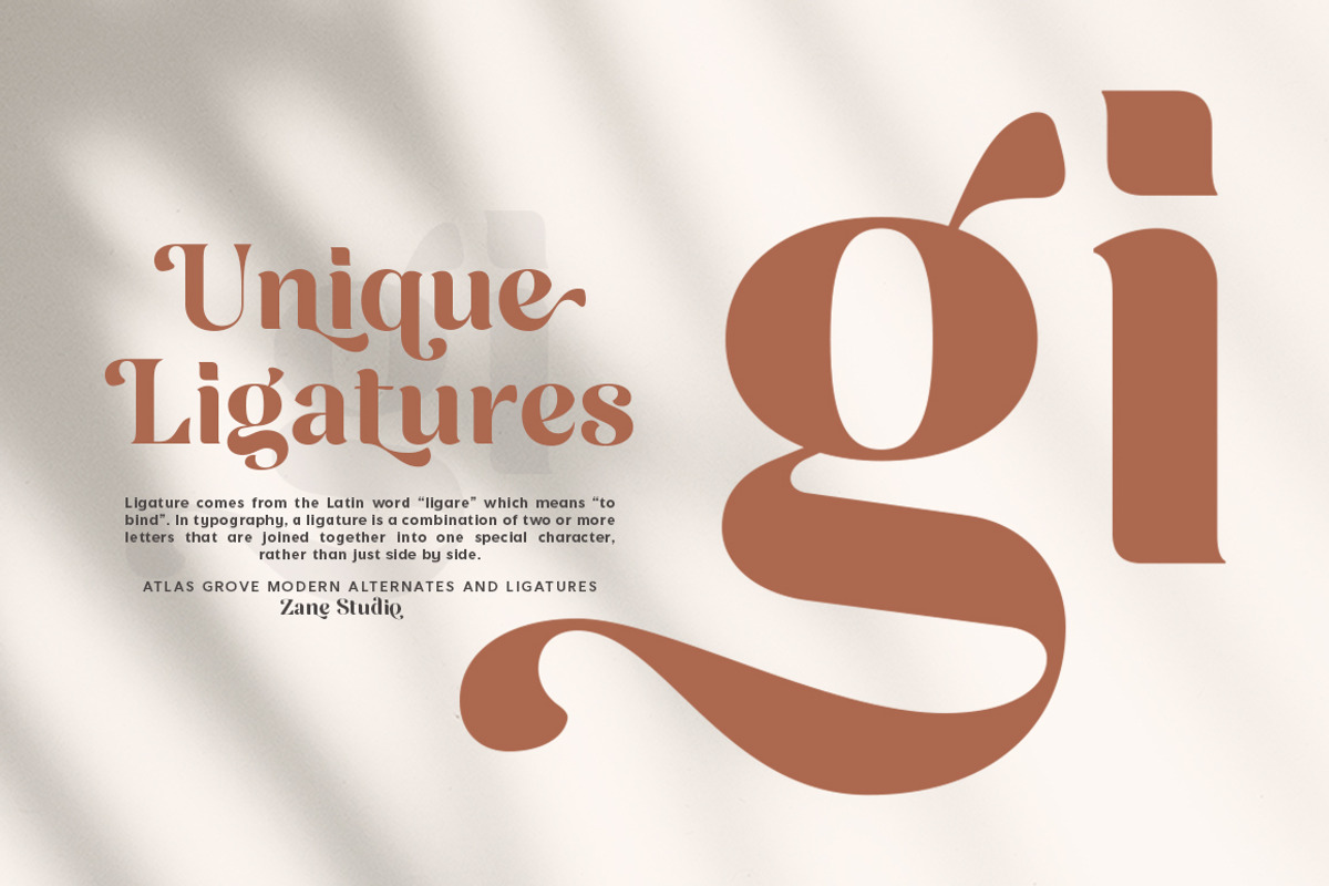 Atlas Grove-Alternates and Ligatures, a Serif Font by Zane Studio (Photo 7 of 22)