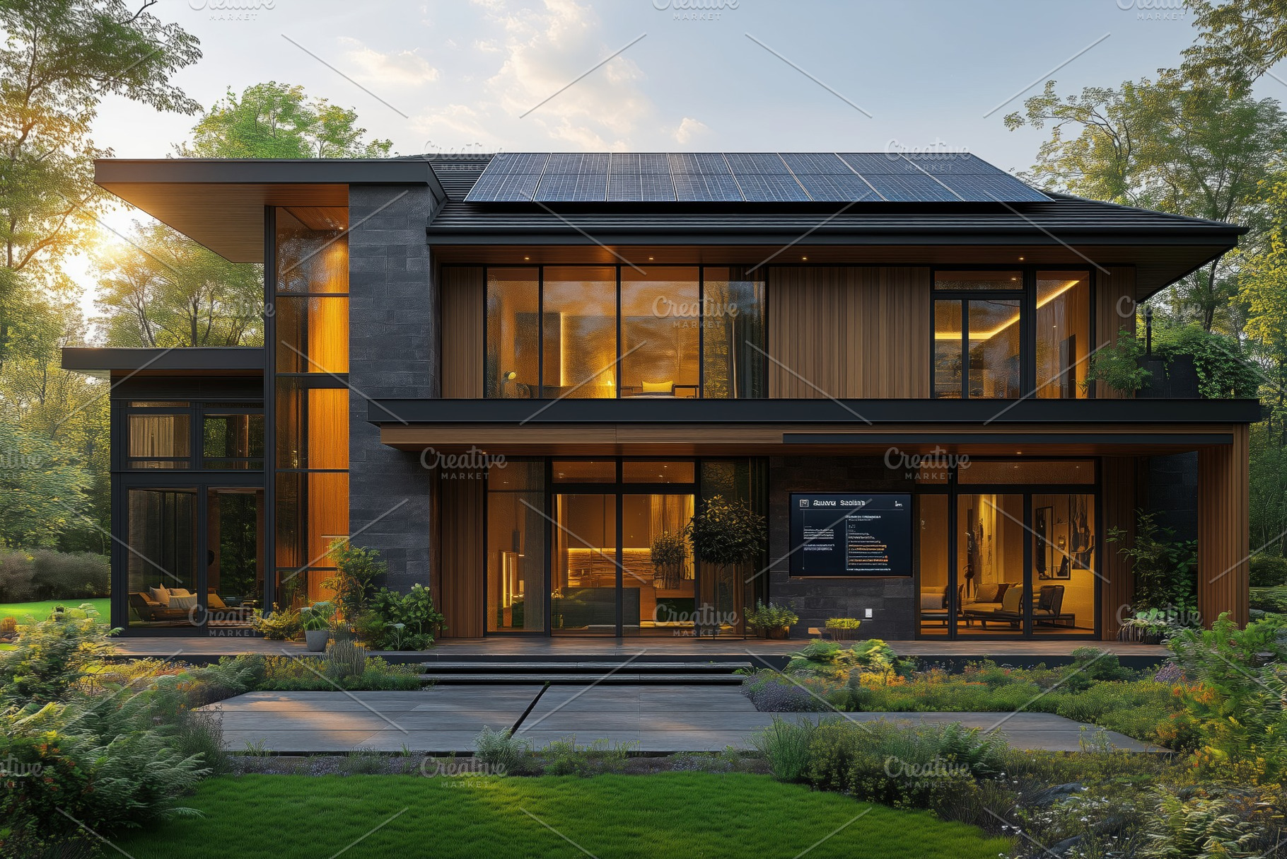 A modern two-story house with large glass windows, wooden accents, and solar pa, an Industrial Photo by Textures & Backgrounds