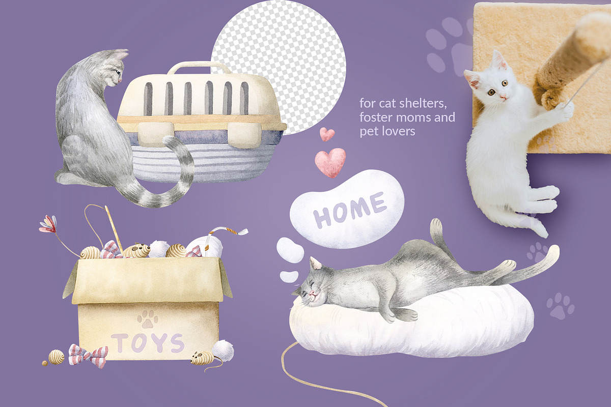 Cats Funny Toys Watercolor Clip art, an Animal Illustration by Elena Malgina Clipart (Photo 5 of 19)